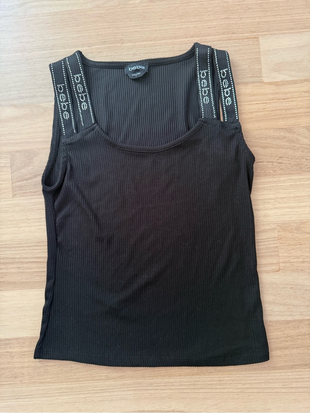 bebe Black Ribbed Tank with Logo-Strap Detail